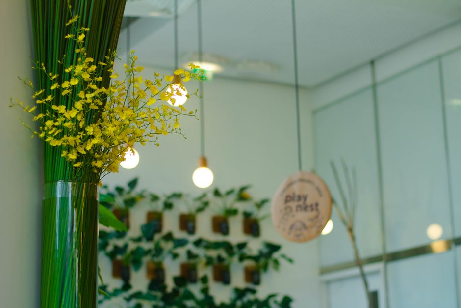 A tall, clear glass vase filled with bright yellow orchid flowers and long green grass-like foliage, placed on a surface inside a modern, well-lit indoor space. The arrangement is visually striking wi