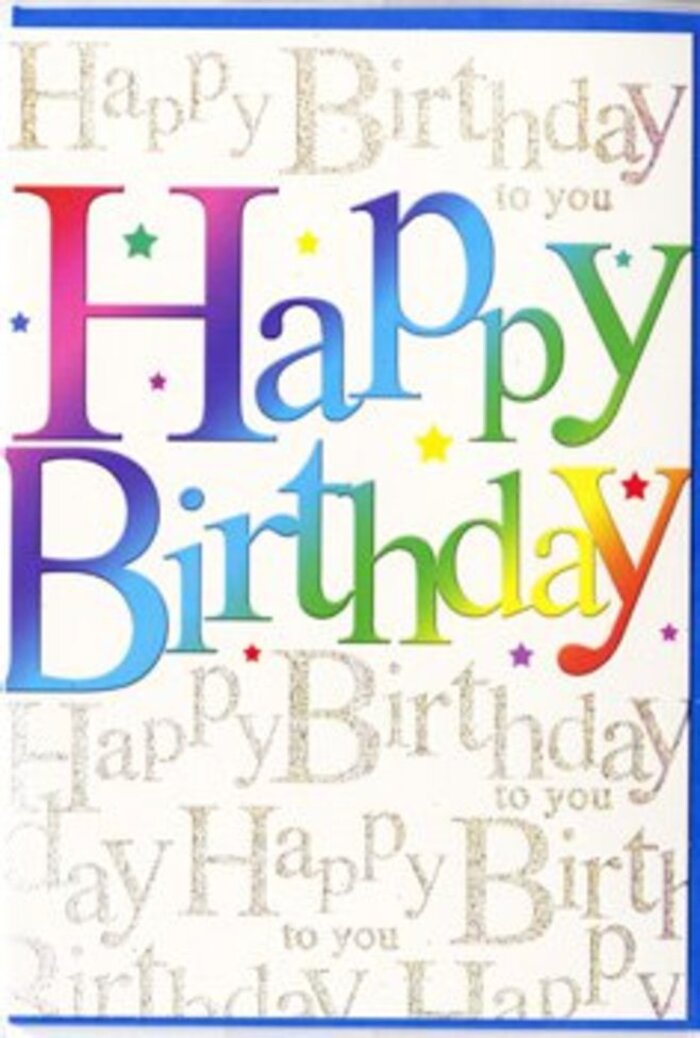 A contemporary birthday card that captures the feeling of a bright celebration in Stevenage, this design features the words Happy Birthday sweeping across the front in large, rounded capitals filled with a rich gradient of colour. Each letter gently transitions from one shade to the next-starting with deep ruby reds and fruity pinks, melting into violet, cool cobalt blue, sea green, and finally ending in fresh, lemony yellows. The blending is silky and seamless, giving the impression of soft, airbrushed pigment laid down in generous strokes on smooth, slightly lustrous card. The background behind these bold letters is a warm, neutral field completely covered in repeating golden script, where Happy Birthday to you is written again and again in an elegant, looping hand. This metallic script forms a continuous, shimmering pattern, reminiscent of sunlight glancing off the lakes at Fairlands Valley or the gentle glimmer of festoon lights at a garden party in Pin Green. The gold ink catches the light without being brash, providing a refined, luxurious contrast to the playful rainbow letters in the foreground. Small star-like flecks and delicate dots of sparkle are scattered sparingly across the card, adding a sense of movement and gentle festivity, as though a handful of fine confetti were tossed in the air and allowed to settle naturally. The overall composition is balanced and thoughtfully arranged-bold yet tasteful, modern yet warmly familiar. It is easy to envision this card resting beside a cheerful birthday arrangement on a kitchen table in Great Ashby, ready to bring a smile before the cake is cut and the candles are blown out.