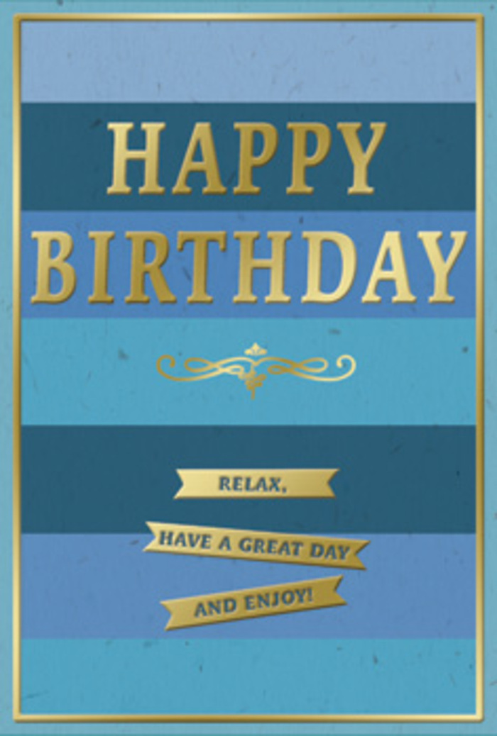 This thoughtfully designed birthday card radiates a quiet, sophisticated joy, the sort of understated charm that would sit beautifully beside a bouquet delivered anywhere in Stevenage. The card's background is built from generous, horizontal stripes that gradually transition through multiple shades of blue. Starting from a deep, almost midnight navy at the base, the colours ease into rich ocean and teal tones before finally softening into a gentle sky blue toward the top, creating a smooth ombre effect that draws the eye upwards like watching clouds drift above the town centre. At the heart of this layered sky, HAPPY BIRTHDAY appears in large, commanding capital letters of metallic gold. The letters are embossed, standing slightly proud of the surface, so that each stroke catches the light with a subtle, luxurious sheen rather than a harsh shine. Just below the central greeting, a delicate golden flourish unfurls horizontally, its curves reminiscent of hand-drawn calligraphy and classic invitations, adding a sense of timeless style. Underneath this decorative line, three slim, gold banners are perfectly aligned, each one shaped like a small ribbon unfolding across the card. Together they carry the warm, unhurried message: Relax, have a great day and enjoy! The contrast between the velvet-smooth matte blues and the cool, raised gold detailing gives the card a tactile richness you can almost feel. A fine gold border frames the composition, drawing everything neatly together. Imagined perched on a windowsill overlooking Fairlands Valley Park or on a living-room shelf off Martins Way, this card seems to invite the recipient to slow down, soak up the kindness behind it, and enjoy a birthday filled with gentle contentment.