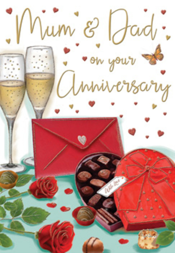 The image shows an atmospheric anniversary card for Mum and Dad, illustrated as a richly layered still-life scene that feels as inviting as an evening in a Stevenage home near Shephall Green. Dominating the composition are two slim champagne flutes, positioned close enough that their shapes almost touch, filled with a pale golden sparkling drink. The artist has carefully captured the sparkle of light along the glass rims and the trail of fine bubbles rising within, giving the sense of a celebratory toast paused just for a moment. In front of this, a striking heart-shaped box of chocolates in a deep ruby red anchors the foreground. The box is adorned with an elaborate red bow, the loops and tails rendered with gentle folds and shadows. The opened lid reveals a neatly arranged selection of chocolates, each piece distinct, some round, some square, with subtle highlights that suggest glossy coatings and decadent centres. A few chocolates lie scattered at the front, inviting the viewer into this intimate celebration. To one side, a couple of red roses rest on the table, their velvety petals full, layered, and dramatically shaded from bright crimson at the edges to deeper tones within the folds, framed by rich green leaves that recall freshly delivered flowers from a local Stevenage florist. Floating above, delicate hearts in gold and crimson drift across the background, gracefully framing a hand-lettered message to Mum & Dad written in a romantic, flowing script. A scarlet envelope, sealed and slightly tilted, suggests a personal note that completes the sentiment. The overall palette of reds, golds, and warm neutrals creates a cosy glow, evoking the feeling of celebrating a special anniversary evening at home, somewhere between the bustle of the town centre and the quiet paths of Fairlands Valley Park.