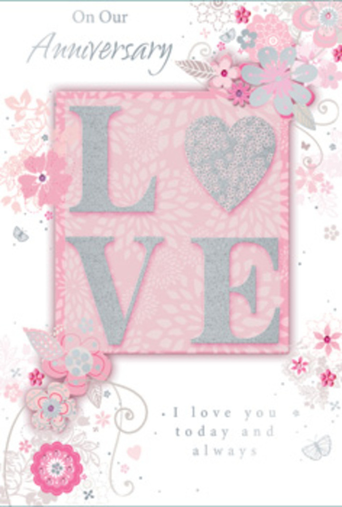 Gentle and romantic anniversary card, captured as if placed on a bedside table in a Stevenage home bathed in soft afternoon light. Dominating the centre is the word LOVE, set in beautifully proportioned letters and finished with a frosted glitter print that catches and scatters the light, much like sunbeams filtering through a vase of pale blooms. The raised texture of the lettering suggests a pleasant, almost velvety feel, inviting a touch. Around the central motif, a border of wispy, hand-drawn flowers drifts along the edges of the card. Petals in shades of blush, lilac-infused pink, and creamy ivory mingle with slender leaves and delicate sprays, forming a gentle frame that never feels too heavy. Fine flourishes-curving filigree lines, tiny leaves, and almost-hidden butterflies-peek through the floral design, hinting at the quiet flutter of hearts on an anniversary morning. Below and within this artwork, the message I love you today and always appears in a graceful, understated type, balanced so it feels naturally woven into the design rather than simply placed on top. The overall effect is like receiving a hand-tied bouquet translated into paper: thoughtfully arranged, soft in colour, and deeply sentimental. The mood is one of gratitude for shared days and hope for those still to come, echoing the feeling of a leisurely walk together through Stevenage's green spaces. This card would complement a pastel, romantic flower arrangement delivered locally, creating a tender, cohesive gesture for marking a much-loved anniversary.