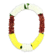 An open U-shaped mala-style garland is pictured against a pure white background, its form and colours clearly highlighted. The top of the garland forms a smooth arch of densely clustered white flowers, each floret small and rounded, reminiscent of jasmine or chrysanthemum heads strung tightly together. This soft, snowy band gradually eases into vertical sections of deep maroon and reddish-brown blooms, whose rich, earthy tones and dense texture lend a solemn, dignified character to the piece. Completing the U at the base is a wide band of vivid yellow flowers, bright but not overpowering, bringing delicate warmth and a hint of hope, much like a patch of sunshine over Stevenage's open spaces. Between these main colour blocks, fine hints of green foliage are threaded in, especially where the white shifts into maroon and where the yellow begins, providing natural breaks and a fresh, leafy contrast. The garland appears meticulously handcrafted, with hundreds of tiny petals woven in tight succession so that the overall structure looks plush, full, and perfectly proportioned. The stark white background and even lighting make the floral colours appear crisp and true, helping someone imagine the gentle textures and subtle fragrance of the blooms. Suitable for temple ceremonies, religious rituals, or funeral tributes across Stevenage, this garland carries an air of tradition, reverence, and quiet comfort, as if meant to be placed around a framed photograph, a sacred statue, or a space chosen for shared remembrance and reflection.