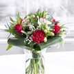 A luxurious red and white bouquet stands proudly in a clear cylindrical glass vase, the freshly cut green stems visible through the clean water like a neat bundle of ribbons. At the heart of the arrangement, velvety deep red roses unfurl layer by layer, their rich colour suggesting timeless romance and heartfelt passion. A large crimson carnation sits near the front, its ruffled, densely packed petals creating a sculpted focal point that draws the eye. Around these bolder blooms, soft white flowers provide a gentle counterpoint: delicate white alstroemeria with slender petals and fine speckles, creamy-toned daisies or chrysanthemums, and several closed white lily buds that promise to open over the next few days. Wisps of tiny white gypsophila, or baby's breath, float between the larger heads, giving the bouquet a dreamy, cloud-like fullness. The flowers are cradled by a collar of glossy dark green tropical leaves, carefully curled and wrapped at the base to frame the design with a polished, contemporary feel. Additional leafy stems, some with a eucalyptus-like blue-green tint and others more pointed and bright, create depth and a natural garden texture. The bouquet is photographed on a pristine white surface against a softly blurred, light background, as if placed near a sunlit window in a Stevenage home overlooking Fairlands Valley Park. Gentle, even daylight washes across each petal and leaf, highlighting the freshness and care in the craftsmanship. The overall mood is elegant yet warm, ideal as a centrepiece for an anniversary dinner, a birthday breakfast in Bedwell, or a thoughtful delivery to brighten an office near Stevenage Old Town with a message of admiration and joy.
