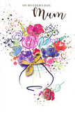 An uplifting Mother's Day card illustration presents a loose, watercolour bouquet that feels as if it could have been inspired by spring blossoms around Stevenage's neighbourhood gardens. The main flowers glow in rich cerise, magenta, and warm pink, their petals suggested with confident, sweeping strokes where the colour softly bleeds and overlaps, hinting at layers of delicate texture. Fine, inky indigo lines curve around some of the petals and stems, adding subtle definition without ever making the arrangement feel rigid or formal. Surrounding these focal blooms, softer tones of lavender, misty blue, apricot, and lively chartreuse spread in transparent veils, their edges merging like clouds of colour on damp paper. Tiny touches of gold illuminate parts of the petals, the suggestion of leaves, and the rim of the vase, introducing a gentle shimmer that recalls evening light skimming across freshly arranged flowers in a local Stevenage shop. The bouquet rises from a simple, stylised vase at the bottom of the design, where a neat golden bow encircles its base, evoking the final ribbon tied around a lovingly prepared Mother's Day gift. Around the arrangement, scattered specks, hearts, and painterly splashes of colour dance over the white background, as if petals and confetti were floating in the air during a family celebration. The composition feels airy yet heartfelt, capturing the warmth, admiration, and appreciation a child hopes to express when choosing something beautiful for their mum, whether delivered across Stevenage or handed over with a hug at home.