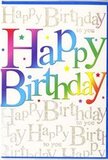 This striking birthday card design radiates happiness, much like the colourful play areas and open spaces around Stevenage's Fairlands Valley Park on a bright weekend. Dominating the front is the phrase Happy Birthday, written in large, soft-edged block letters that drift through a complete rainbow of colour. Each letter holds a smooth gradient, starting in rich, jammy reds, passing through blush pink, amethyst, sapphire, and turquoise, then easing into apple green and warm, buttery yellow, mirroring the variety you might see in a mixed bouquet from a local florist on the High Street. The finish looks gently glossy, suggesting a card that would feel sleek and substantial in the hand. Behind this confident lettering lies a finely detailed background of repeating script, where Happy Birthday to you is penned in delicate, flowing cursive with metallic gold ink. The script winds across the entire surface like graceful musical notation, glinting softly in the light but always allowing the rainbow greeting to remain central. Tiny, subtle sparkles and minimal star shapes are sprinkled throughout, as if a light scattering of golden confetti has settled across the design. The combination of bold colour and refined golden script creates a sense of both fun and elegance-perfect for marking a milestone birthday or adding extra flair to a simple family gathering in Shephall or Bedwell. It is the sort of card that feels at home propped next to a vase of fresh, colourful flowers, ready to be delivered anywhere in Stevenage where a birthday deserves an extra burst of joy.