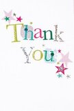 A gentle, uplifting spirit infuses this thank you card, like the easy warmth found in Stevenage on a bright spring morning. The phrase 'Thank You' pops with playful typography, every letter stepping forward in a parade of vibrant hues-shimmering silver, golden yellow, spirited green, and tranquil blue-each touched by the detail of dainty stitches or joyful dots that recall hand-crafted gifts at Stevenage's artisan markets. Scattered around the heartfelt message, small stars glimmer in lively shades of pink, teal, and silver, adding a sense of festive celebration reminiscent of street parties in the Old Town. The card's crisp white background offers a calming, uncluttered space that lets every element breathe. This inviting arrangement makes it easy to imagine the card accompanying a bouquet of fresh-cut flowers, expressing gratitude that glistens from each playful accent. It is a perfect way to say thank you-brimming with sincerity and cheer, echoing the friendliness and vibrant community spirit that are hallmarks of Stevenage.