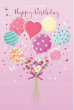 This whimsical birthday illustration conjures a light, festive mood, as though a small celebration were drifting quietly above the rooftops of Stevenage. A blush pink background provides a calm and joyful setting, reminiscent of a gentle sunrise seen from Fairlands Valley. At the centre of the image, a gathered bunch of balloons floats upward, rendered in soft pastel shades: pale pink, mint, lemon yellow, lavender, and rose. Each balloon has its own distinct charm-some are wrapped in candy-coloured stripes that twist playfully, others are sprinkled with bouncy polka dots, and one stands out as a heart-shaped balloon radiating a tender sense of love and care. Suspended beneath them is a hand-tied bouquet of delicate flowers, as though the blooms are being carried skyward by the balloons' lightness. The bouquet features small roses and anemone-like blossoms in creamy ivory, gentle blush, and muted mauve, each petal appearing soft, layered, and freshly opened. Their stems are bound neatly with a violet satin bow, whose smooth, shining finish adds a refined flourish at the base. Scattered around the balloons and flowers are tiny stars and fluttering butterflies, lending a little fairy-tale magic to the design, like a birthday wish caught mid-flight. The entire composition feels airy, sweet, and quietly joyful, much like receiving a surprise bouquet and card delivered across Stevenage-an image that captures not only the look of a birthday arrangement, but the warm, thoughtful emotion behind it.