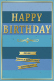 The birthday card pictured feels both calm and quietly festive, much like a relaxed afternoon stroll through Stevenage after a celebration lunch. Its background is composed of wide horizontal bands of blue, each one a slightly different shade, creating a soft gradient that moves from deep navy at the bottom through cooler ocean and teal hues into a light, open sky blue at the top. This layered ombre effect gives the card a sense of depth and tranquility, as if you are looking across distant fields under a clear horizon. Centered on this gentle blue canvas, the words HAPPY BIRTHDAY are embossed in strong, elegant capital letters of metallic gold. The gold lettering catches the light with a smooth, refined shimmer, adding a touch of luxury that feels appropriate for a special day. Just below the main greeting, a graceful golden flourish sweeps lightly from side to side, its gentle curves lending an air of traditional charm. Under that flourish, three slim gold banners are carefully stacked, their crisp ribbon shapes supporting a friendly, encouraging wish: Relax, have a great day and enjoy! All the gold elements-the words, the flourish, and the banners-are slightly raised above the velvety matte blue surface, giving the card a rich, tactile quality. A narrow gold line frames the entire design, drawing the eye inward and tying the composition together. Imagined beside a fresh floral arrangement from Flowers Stevenage on a table near Fairlands Valley Lakes, this card conveys a simple but heartfelt hope: that the recipient will pause, breathe, and truly enjoy their birthday moment.