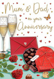 This romantic anniversary card illustration for Mum and Dad is depicted as a tender celebration tableau, easily imagined on a sideboard in a Stevenage home somewhere between the Old Town and Broadwater. At the centre, two tall champagne flutes stand close together, their slender stems and gently curved bowls filled with pale, golden fizz. The artist has captured tiny bubbles rising delicately through the drink, with subtle reflections along the glass giving the impression of soft, warm light. In the foreground, a heart-shaped chocolate box in intense red draws the eye. The box is topped with a generous scarlet bow, its loops and ribbons fluttering slightly as if just untied. The lid is propped open to showcase an inviting selection of chocolates, each truffle individually rendered, some with smooth finishes, others with textured tops, hinting at rich, indulgent flavours. Scattered chocolates spill onto the tabletop, amplifying the sense of shared treats and relaxed conversation. To the side, two plush red roses rest among dark green foliage, their velvety petals open and full, reminiscent of a carefully chosen anniversary bouquet from a Stevenage florist who understands meaningful occasions. Above the composition, small golden and crimson hearts float softly through the background, adding lightness and romance while drawing attention to the hand-lettered dedication for Mum & Dad, written in a graceful, intimate script. A bright red envelope rests nearby, suggesting a handwritten note brimming with memories and thanks. The overall atmosphere is one of warmth and gratitude, evoking the gentle glow of an evening celebration at home, with all the quiet joy that comes from marking another year of shared life and love.